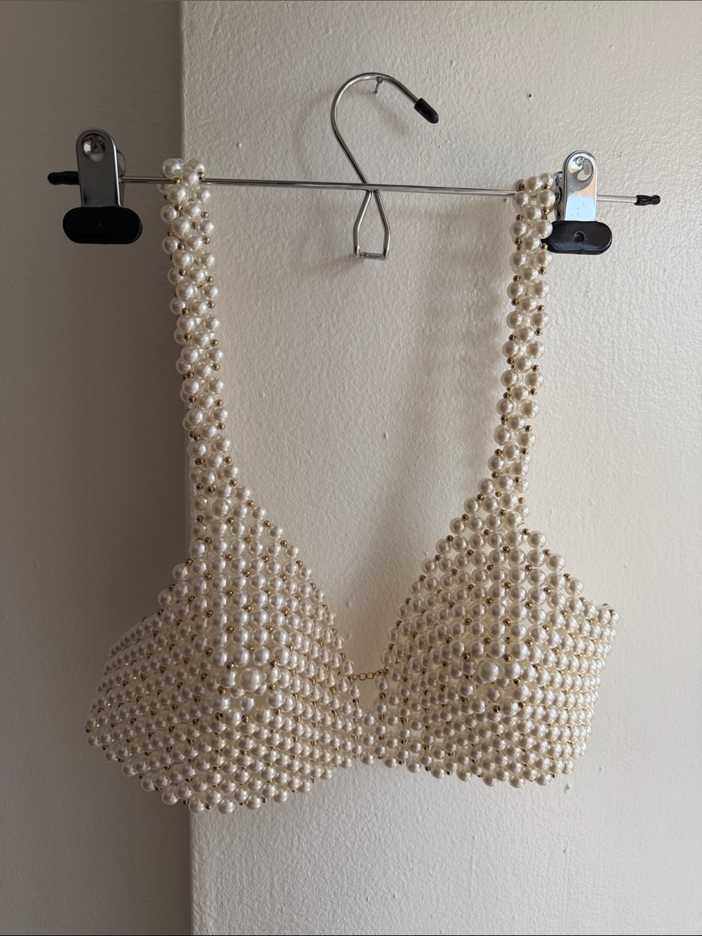 Pearl-Embellished Bralette Top - Cream and Gold